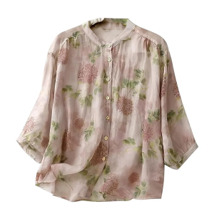 Women’s Light Rose Floral Printed Button Down Shirt with Mandarin Collar