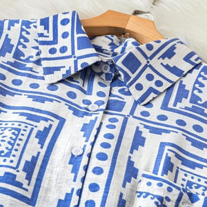 Women's Polyester Shirt with Pocket Half Raglan Sleeves Spread Collar Neck Geometric Printed Relaxed Fit and Standard Length