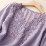 Womens Elegant Beige Floral Embroidered Tunic Top with Scalloped V Neck, Elbow Length Sleeves, Relaxed Fit, Lightweight, Casual Ethnic Style Top